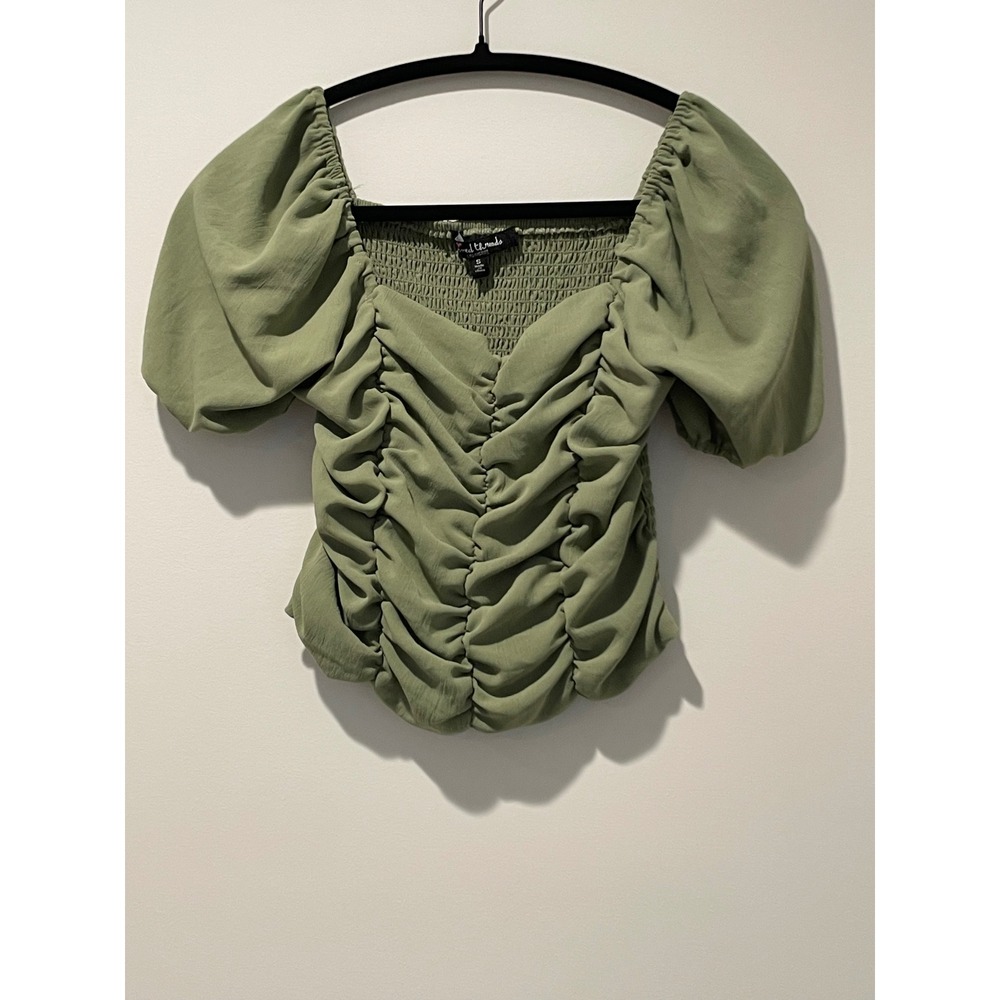 Ruched Puff Sleeve Top Green‎ Smocked Square Neck Blouse